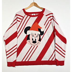 Disney Sweater Womens XL Minnie Mouse Red Stripe Christmas Candy Cane Holiday